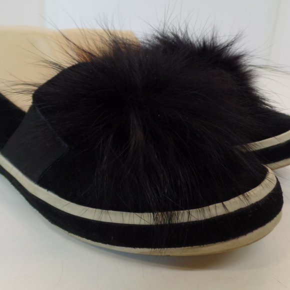 Sondra Roberts "Romy" Black Suede Sneakers With Real Fur Ball Accent Sz 10 - Picture 1 of 10